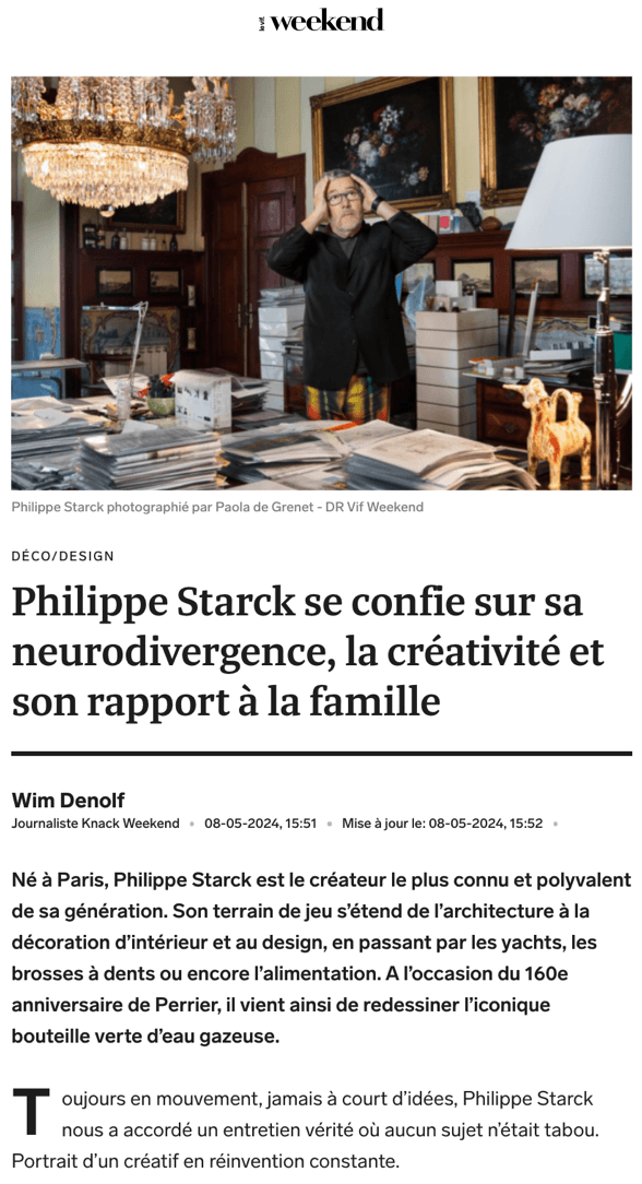 Philippe Starck se confie sur sa neurodivergence, la créativité et son rapport à la famille