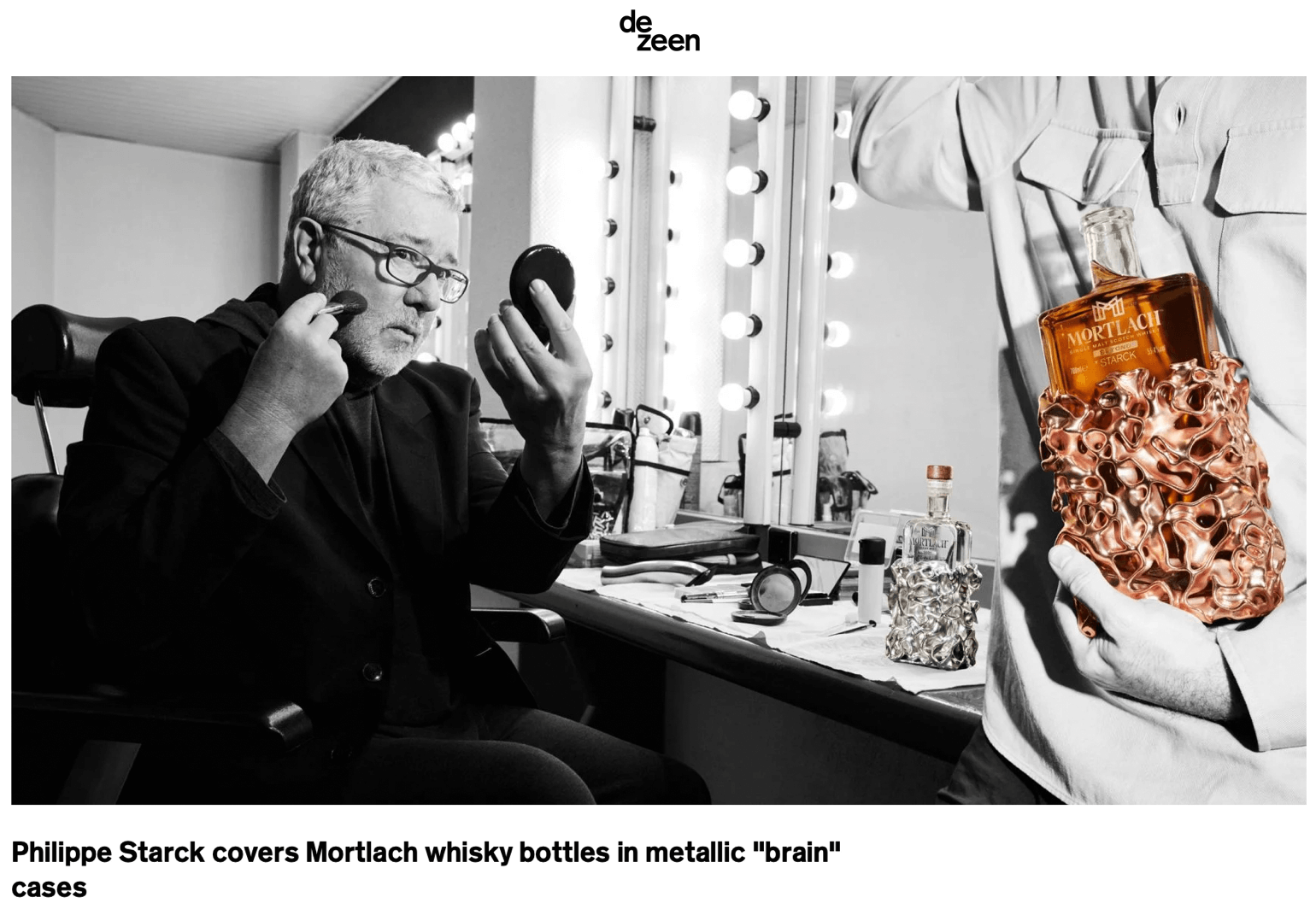 Philippe Starck habille les bouteilles de whisky Mortlach d'étuis métalliques en forme de « cerveau ».