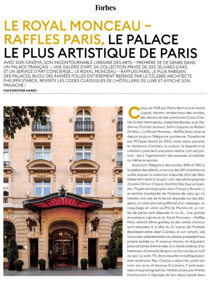 LE ROYAL MONCEAU RAFFLES PARIS, LE PALACE LE PLUS ARTISTIQUE DE PARIS